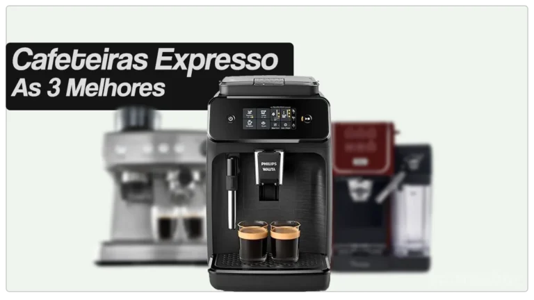 A imagem contém o texto "Cafeteiras Expresso: As 3 melhores", bem como a ilustração da máquina de café Philips Walita 1200, Oster Primalatte Touch e Xpert Perfect Brew