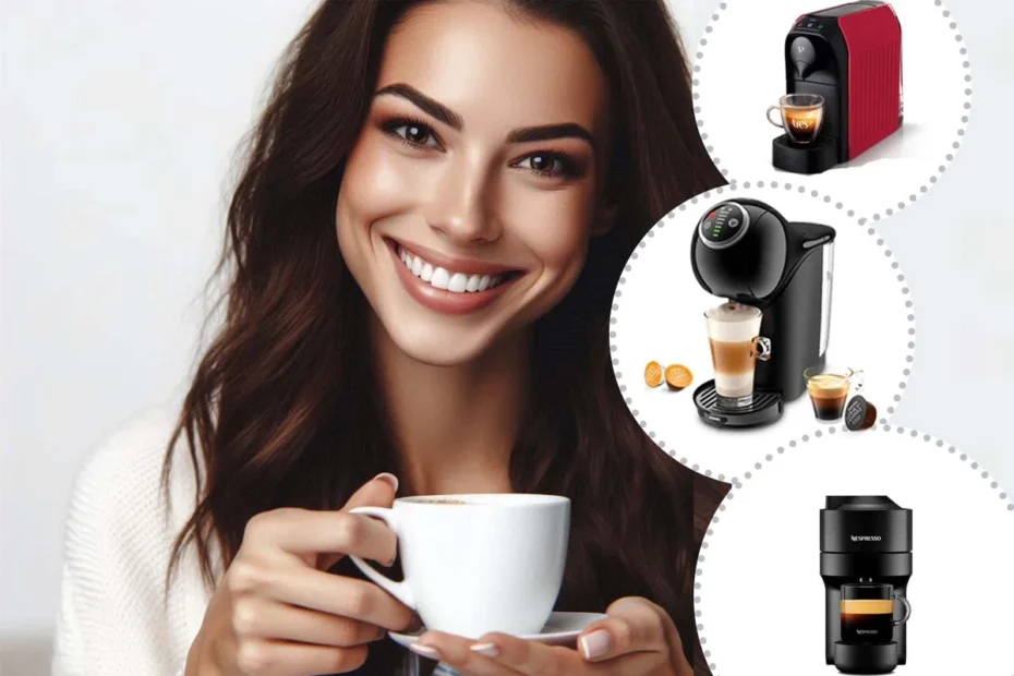 A imagem é composta por uma mulher de cabelos escuros sorrindo e segurando uma xícara de café nas mãos. A feminina foi criada através de inteligência artificial "Bing". A direita há três cafeteiras de cápsulas com uma circuferência de cor branca e bordas pontilhadas em volta. Essas cafeteiras de cima para baixo são Três coracções Passione, Dolce Gusto Genio S Plus e Nespresso Vertuo Pop