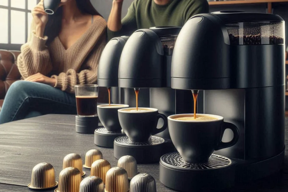 Imagem criada com Inteligência Artificial do Bing. A imagem é composta por três cafeteiras de cápsulas sem marcas preparando três xícaras de café. Há ainda cápsulas de café espalhadas sobre a mesa e um casal sem aparecer o rosto ao fundo tomando café