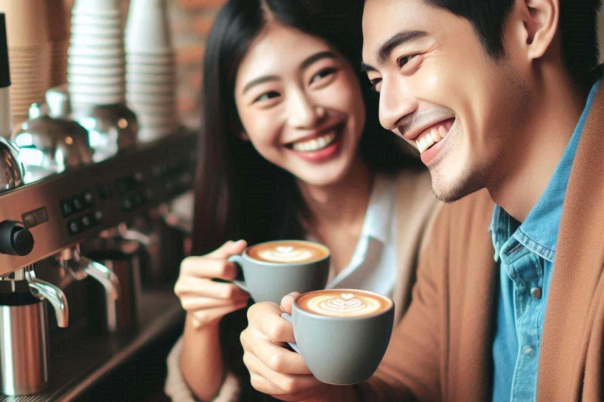 Imagem criada com IA que contém um casal feliz tomando café