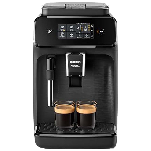 A imagem contém a cafeteira Philips Walita 1200. A cor predominante dessa cafeteira expresso é preto. Há duas xícaras com café expresso cafeteira.