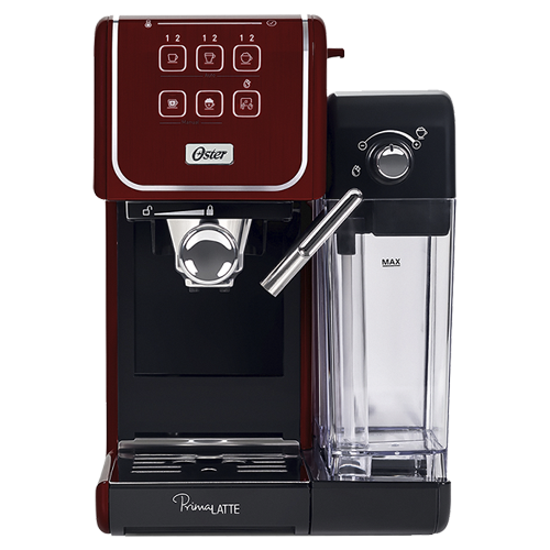 A imagem contém a cafeteira Prima latte touch. A cor predominante dessa cafeteira expresso é vermelho. Essa cafeteira expresso faz capuccino e tem um reservatório de leite integrado juntamente com um vaporizador.