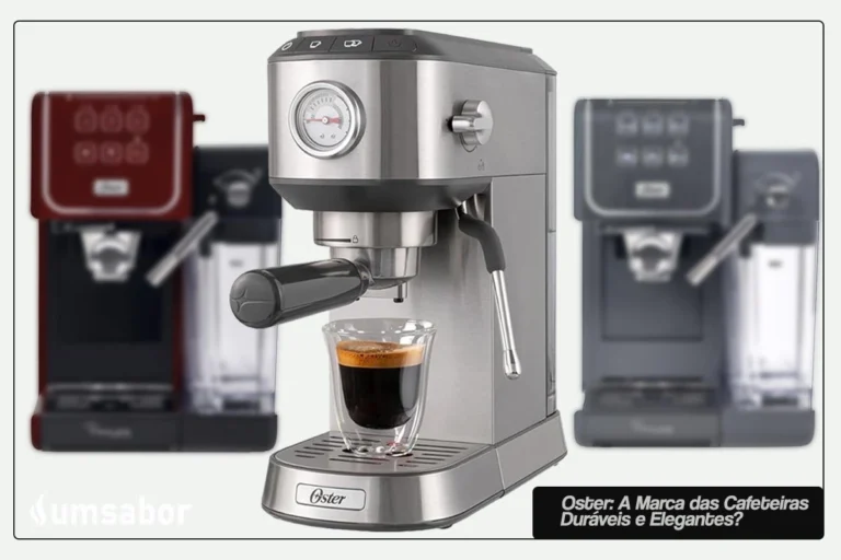 Cafeteira Oster cromada sobre uma bancada, representando a combinação de durabilidade e elegância da marca. Texto sobreposto: "A Marca das Cafeteiras Duráveis e Elegantes: Descubra se Oster é Boa"