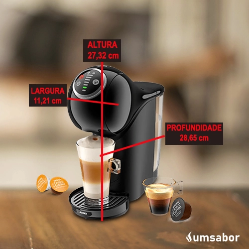 Quais são as dimensões da cafeteira Dolce Gusto Genio S Plus? Largura (A): 11,21 cmAltura (B): 27,32 cmProfundidade (C): 28,65 cm