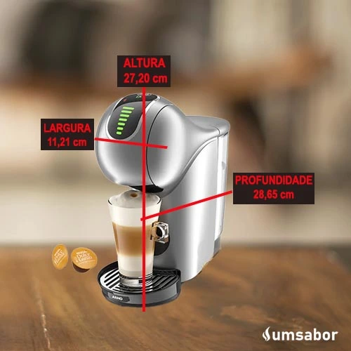 Quais são as dimensões da cafeteira Dolce Gusto Genio S Touch?
Largura: 11,21 cmAltura: 27,20 cmProfundidade: 28,65 cm