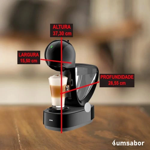 Quais são as dimensões da cafeteira Dolce Gusto Infinissima?
Largura: 15,50 cm
Altura: 37,30 cm
Profundidade: 28,55 cm