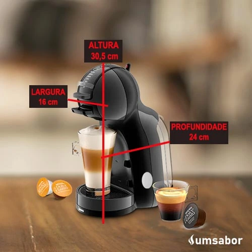 Quais são as dimensões da cafeteira Dolce Gusto Mini ME? Largura: 16 cmAltura: 30,5 cmProfundidade: 24 cm