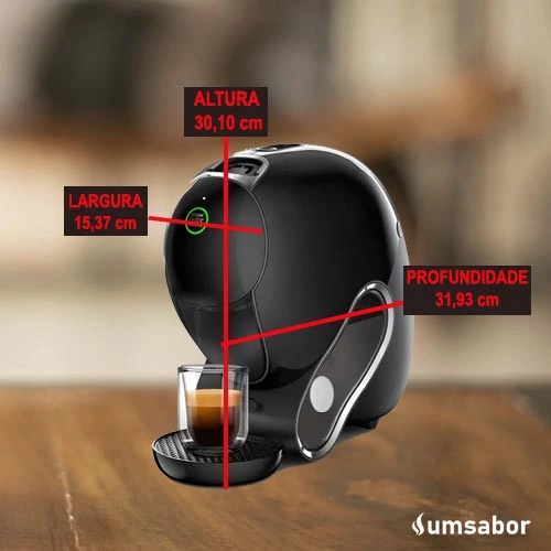 Quais são as dimensões da cafeteira Dolce Gusto Neo? Largura: 15,37 cm
Altura: 30,10 cm
Profundidade: 31,93 cm