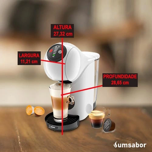 Quais são as dimensões da cafeteira Dolce Gusto Genio S Basic? Largura: 11,21 cmAltura: 27,32 cmProfundidade: 28,65 cm