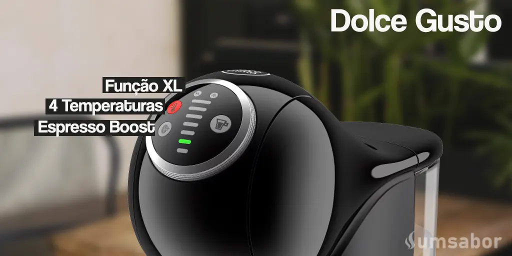Dolce Gusto ou Três Corações: Comparativo Completo de qual é a melhor marca 3 Painel de controle lateral da cafeteira Dolce Gusto Genio S Plus preta, com destaque para as funções avançadas: Função XL, 4 Temperaturas e Espresso Boost, indicando o volume e as opções de preparo.