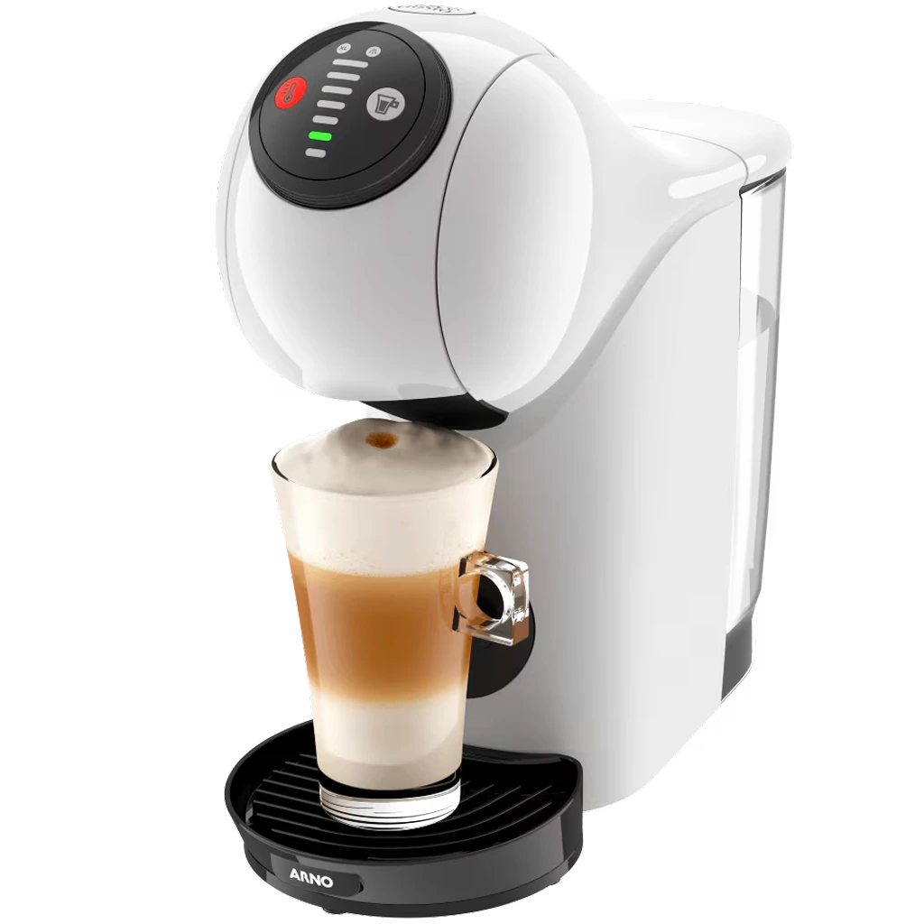6 Melhores Cafeteiras Dolce Gusto: Qual modelo comprar em 2025? 5 Cafeteira Dolce Gusto Genio S Basic branca preparando café em um copo.