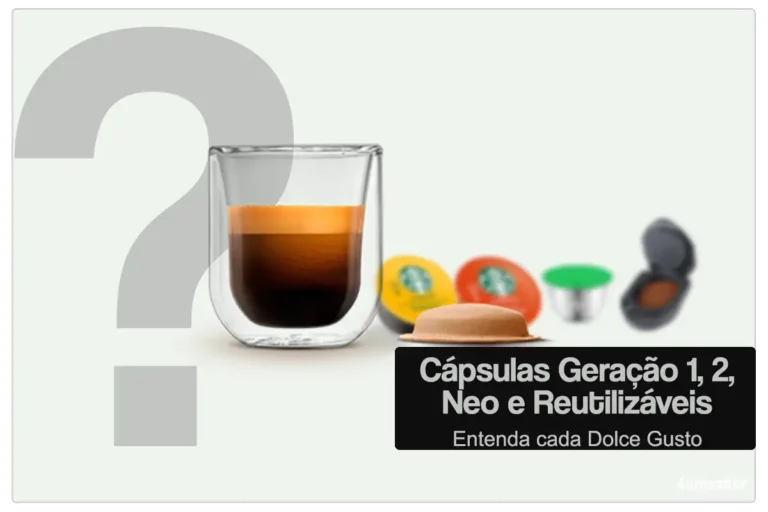 Comparativo visual de cápsulas Dolce Gusto, mostrando as diferenças entre os modelos Geração 1, NEO e reutilizáveis.