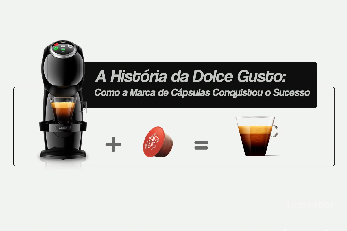 A História da Dolce Gusto: Como a Marca de Cápsulas Conquistou o Sucesso 4 Imagem de capa com o texto "A História da Dolce Gusto: Como a Marca de Cápsulas Conquistou o Sucesso". Para ilustrar, coloquei a Genio S Plus da Dolce Gusto + cápsula sabor lungo e o sinal de igual seguida de uma xícara de café pronto.