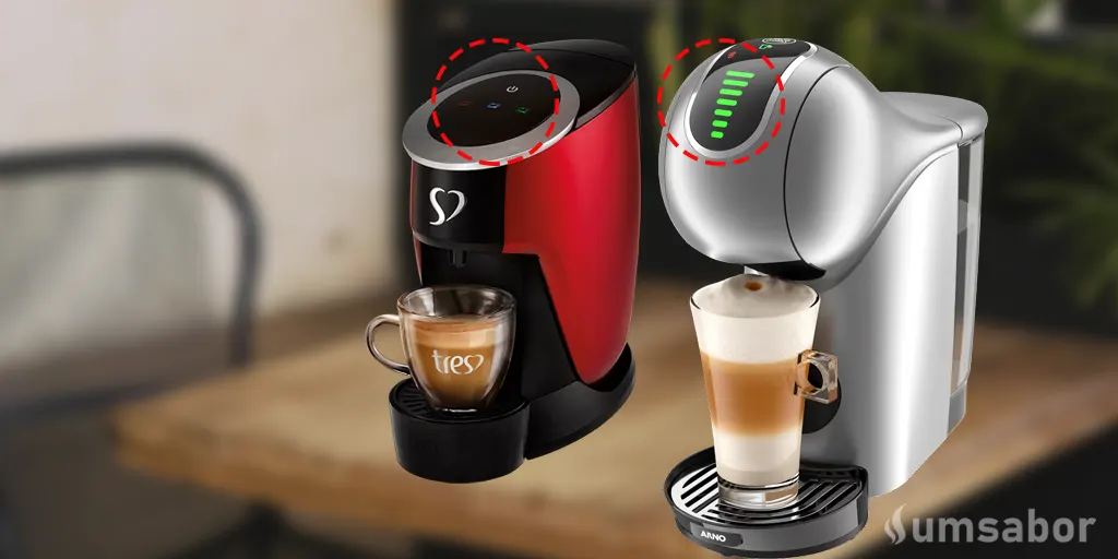 Dolce Gusto ou Três Corações: Comparativo Completo de qual é a melhor marca 6 Comparação de cafeteiras de cápsula com painel touch: A cafeteira Três Corações Lov Premium (vermelha) e a Dolce Gusto Genio S Touch (prata). As áreas sensíveis ao toque de ambos os painéis são destacadas com contornos tracejados vermelhos, mostrando a modernidade das máquinas.