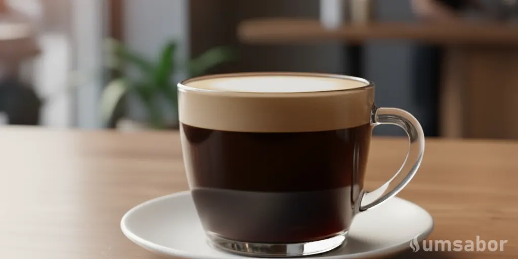 Dolce Gusto ou Três Corações: Comparativo Completo de qual é a melhor marca 9 Close-up de uma xícara de vidro com café, mostrando duas camadas: café escuro na parte inferior e uma espuma de leite clara e homogênea (crema) no topo, servido sobre um pires em uma mesa de madeira, indicando um Espresso Dolce Gusto.