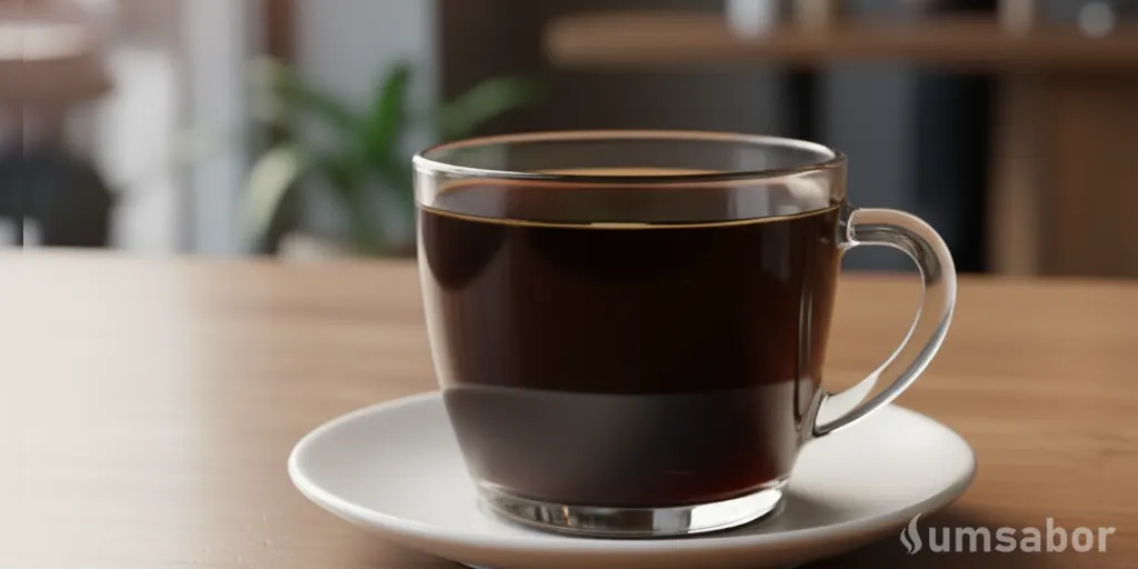 Dolce Gusto ou Três Corações: Comparativo Completo de qual é a melhor marca 10 Close-up de uma xícara de vidro com café simples e quente (sem espuma de leite), servido sobre um pires branco em uma mesa de madeira. A imagem representa um café coado ou um espresso de volume maior preparado na cafeteira Três Corações.
