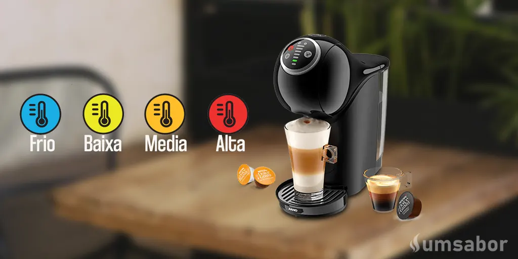 Dolce Gusto ou Três Corações: Comparativo Completo de qual é a melhor marca 7 Quatro ícones de termômetro coloridos (Azul, Amarelo, Laranja e Vermelho) ilustram as 4 Temperaturas da Dolce Gusto: Frio, Baixa, Média e Alta. Ao lado, a cafeteira Dolce Gusto Genio S preta preparando um Latte Macchiato.