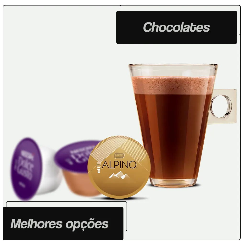 Melhores Cápsulas Dolce Gusto: Cafés, Lattes, Chocolates e Chás 4 Uma seleção de cápsulas Dolce Gusto de chocolate e misturas, incluindo Chococino Alpino, Kopenhagen Língua de Gato, Galak e Nesquik, sobre uma superfície de madeira.