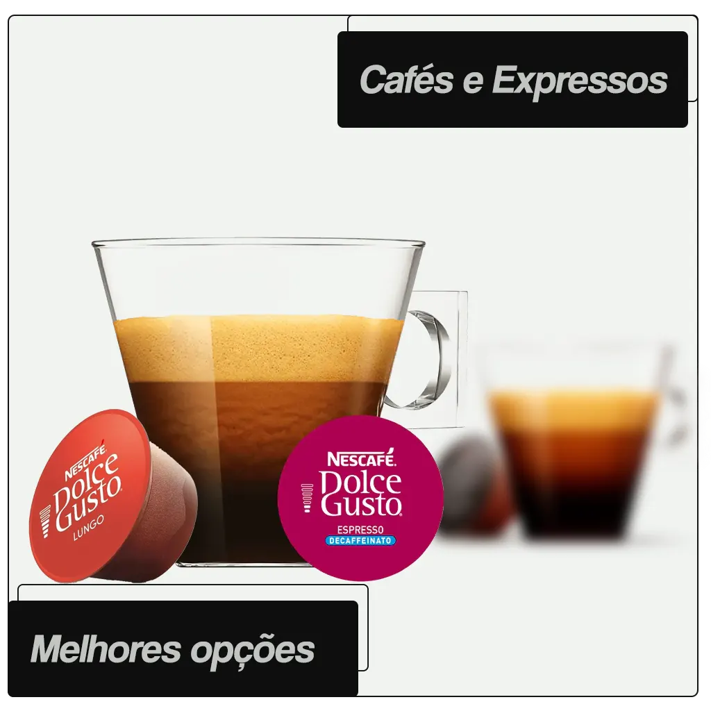 Melhores Cápsulas Dolce Gusto: Cafés, Lattes, Chocolates e Chás 2 Uma seleção das melhores cápsulas Dolce Gusto de café e expresso, incluindo Starbucks Espresso Colombia, Lungo, Caffè Matinal e Espresso Decaffeinato, exibidas lado a lado.