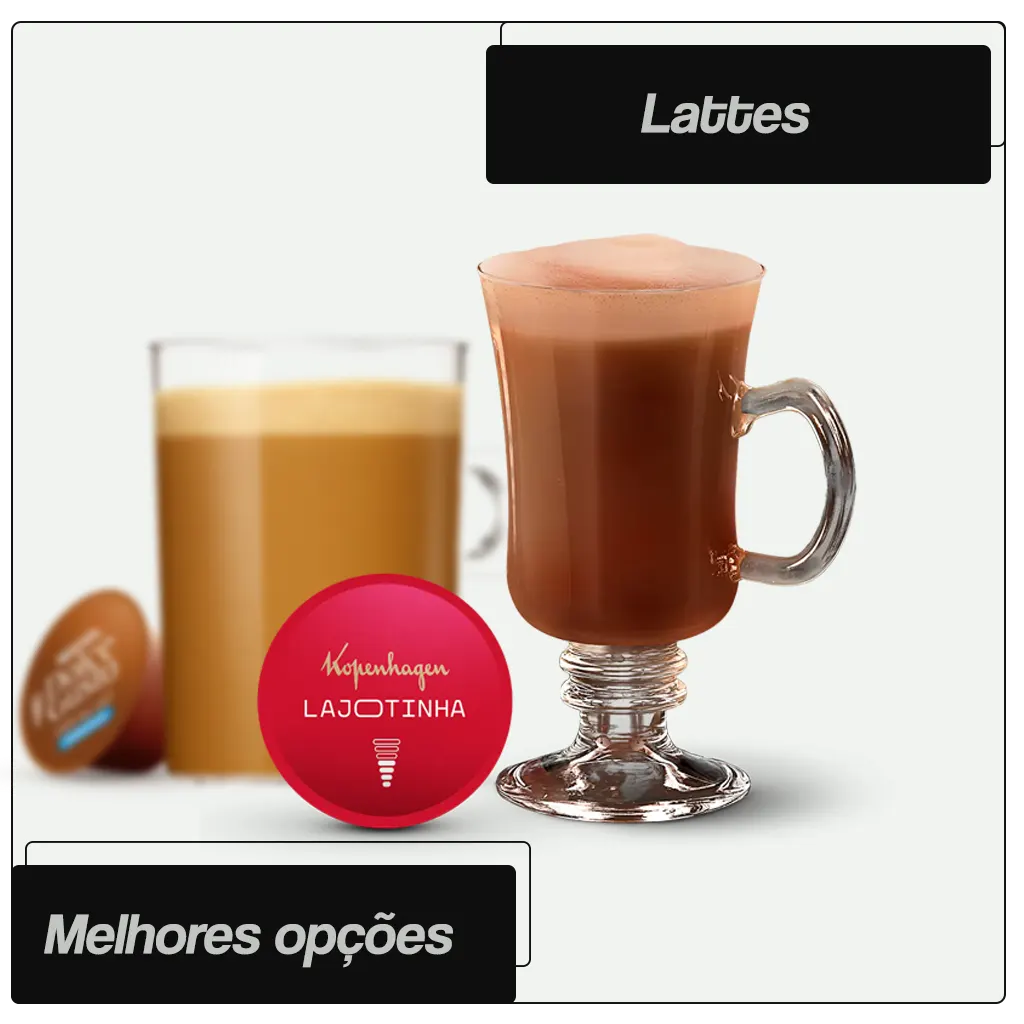 Melhores Cápsulas Dolce Gusto: Cafés, Lattes, Chocolates e Chás 3 Uma seleção das melhores cápsulas Dolce Gusto de lattes e cappuccinos, incluindo Starbucks Cappuccino, Mochaccino Avelã, Cappuccino Moça Doce de Leite e Kopenhagen Lajotinha, com foco em bebidas cremosas.