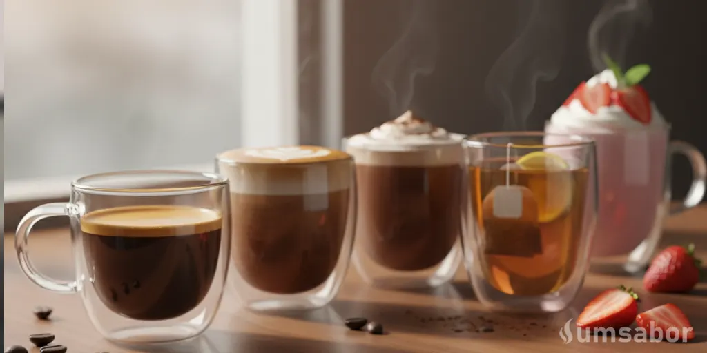 Dolce Gusto ou Três Corações: Comparativo Completo de qual é a melhor marca 8 Quatro xícaras de vidro em fila mostrando a variedade de bebidas possíveis em máquinas de cápsula: um espresso com crema, um latte, um chocolate cremoso com chantilly e um chá de limão. Uma bebida rosa gelada com morangos aparece ao fundo.
