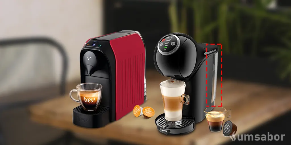 Dolce Gusto ou Três Corações: Comparativo Completo de qual é a melhor marca 5 Comparação de cafeteiras de cápsula: A cafeteira Três Corações (vermelha) e a Dolce Gusto Genio S Plus (preta). O reservatório de água removível da Dolce Gusto é destacado com um contorno vermelho pontilhado, contrastando com o reservatório fixo da Três Corações, focando na facilidade de limpeza.