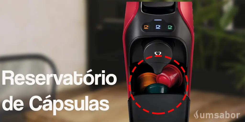 Dolce Gusto ou Três Corações: Comparativo Completo de qual é a melhor marca 4 Close-up da cafeteira Três Corações Passione (vermelha) mostrando o reservatório interno de descarte de cápsulas usadas, com o local circulado em vermelho e algumas cápsulas coloridas já depositadas.