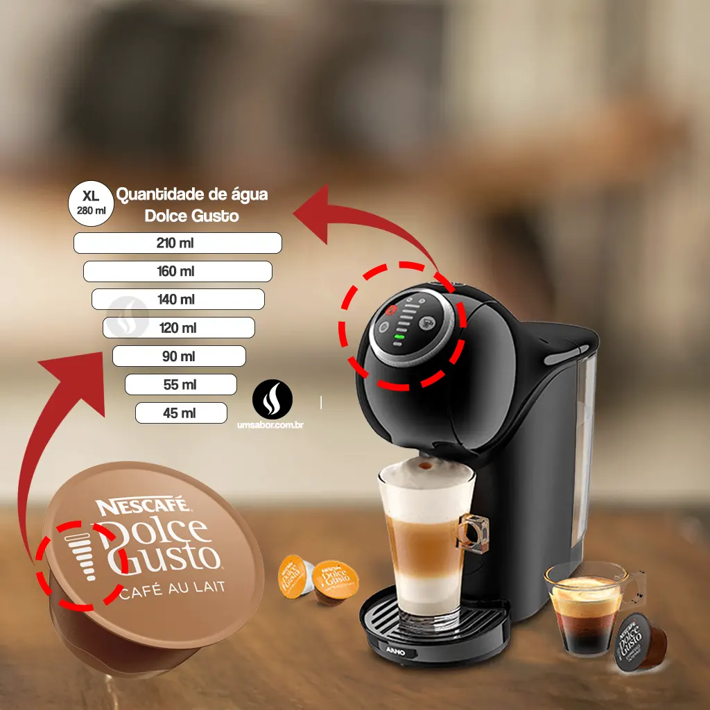 Tabela de Medidas Dolce Gusto: Guia de ml por Cápsula e Risquinho 3 Tabela que lista o volume final (ml) de cada cápsula Dolce Gusto, como Cappuccino, Café, Latte Macchiato e Espresso.