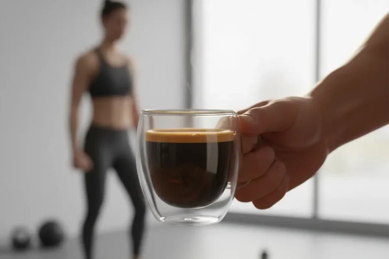 Mão segurando uma xícara de vidro com café espresso quente e cremoso, com uma pessoa de foco desfocado (bokeh) em roupas de ginástica ao fundo, em um ambiente de treino.