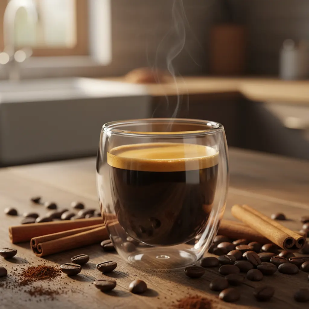 Café com Canela Turbinado na Dolce Gusto: Como Potencializar o Efeito Termogênico do Seu Espresso 2 Xícara de vidro com café espresso (Dolce Gusto) turbinado, com canela em pau e grãos de café, simbolizando o efeito termogênico.
