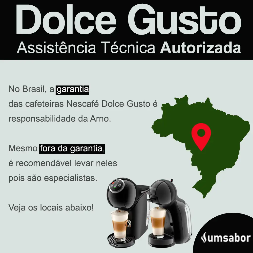 Assistência Técnica Autorizada Dolce Gusto: Veja os Locais no Brasil para Garantia e Suporte 2 Orientações sobre quem realiza a assistência da Dolce Gusto no Brasil é a Arno. Para facilitar, abaixo deixamos o link de como encontrar os locais de conserto autorizados no Brasil.